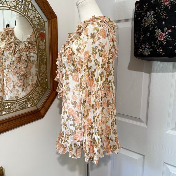 Zimmermann Cream Silk & Peach Floral Pattern Ruffled Long Sleeve Sheer Top 0/XS - Picture 5 of 8